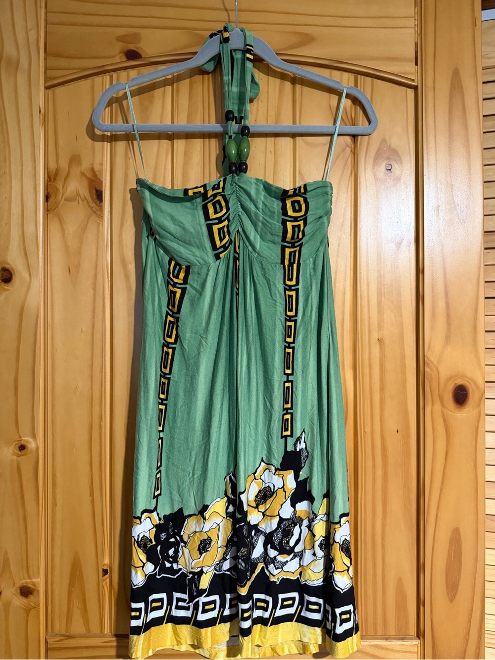 VENUS Green Floral Halter Maxi Dress with Yellow & Black Border